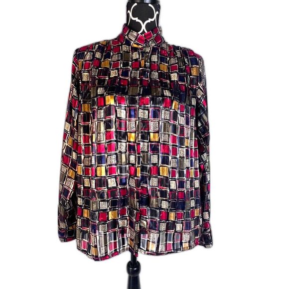 Yves St Clair Bold Maximal Square Print Mock Neck Long Sleeve Blouse Size 12 - Picture 1 of 8